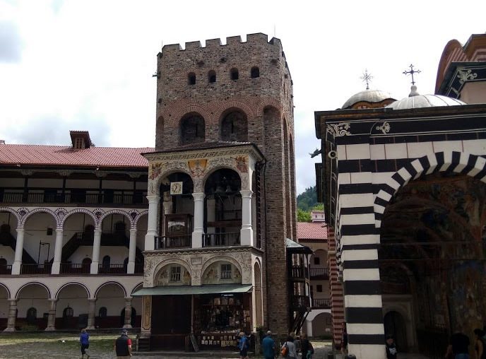 Rila monastery. Hrelyo’s tower, the Oldest building in the holy cloister was built in 1335 (14th century). It was the monastery’s fortress and also the place where monks dwelled in times of trouble. The Chapel of The Transfiguration of God is on the 5th and last floor of the 24 m-high tower, which is open for visitors in the summer and some of the 14th century wall-paintings can be seen through the window niches of the chapel.
